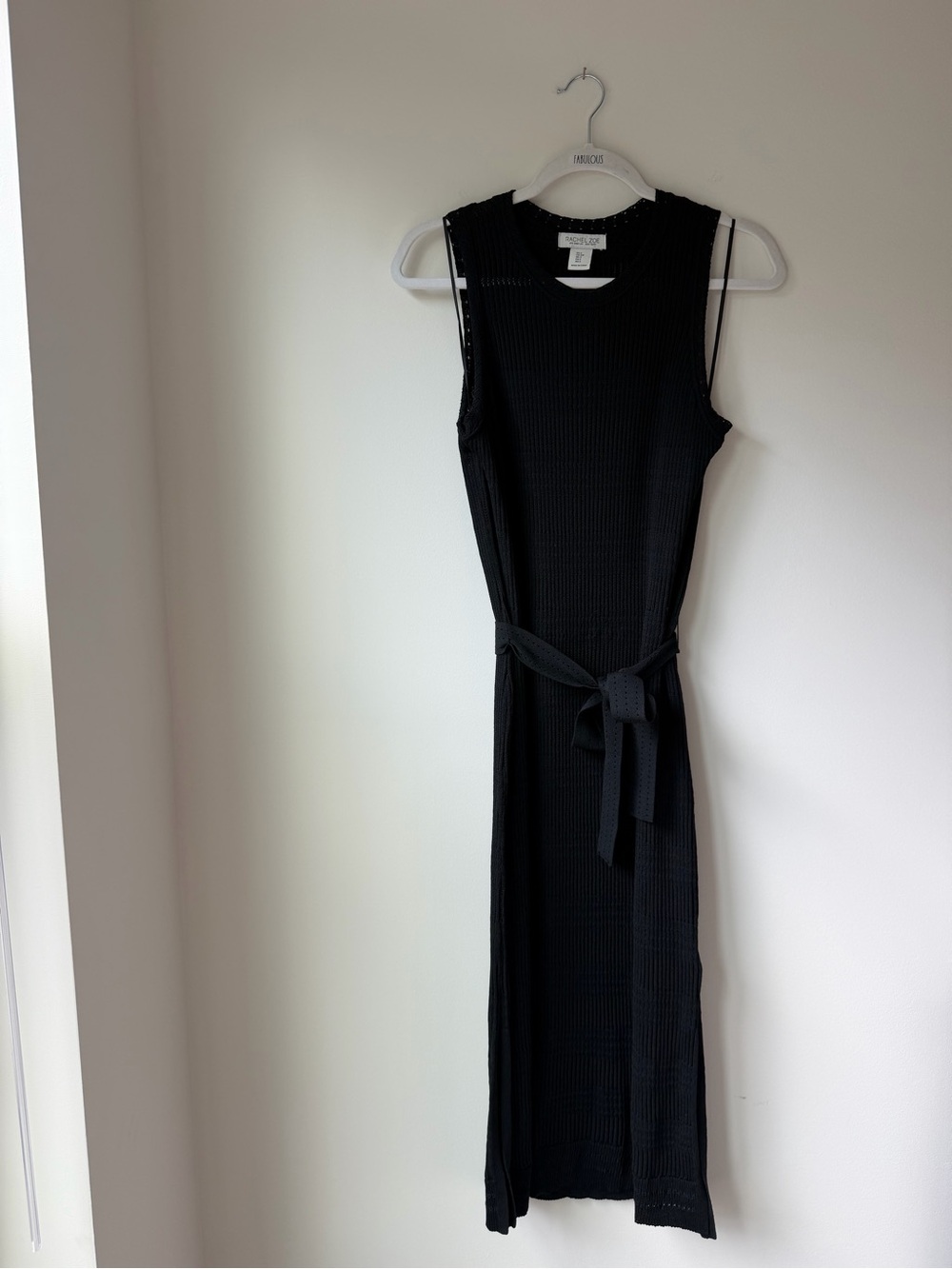 Rachel Zoe Black Sleeveless Ribbed Midi Dress with Waist Tie